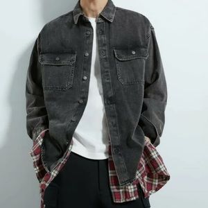 ZARA MAN Shacket Men Size Small (H) Washed black denim layered plaid OVERSHIRT